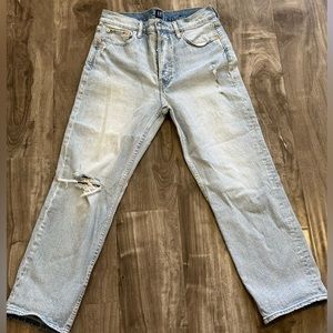 GAP light denim straight leg jeans. Thick denim, High waisted, light distress.
